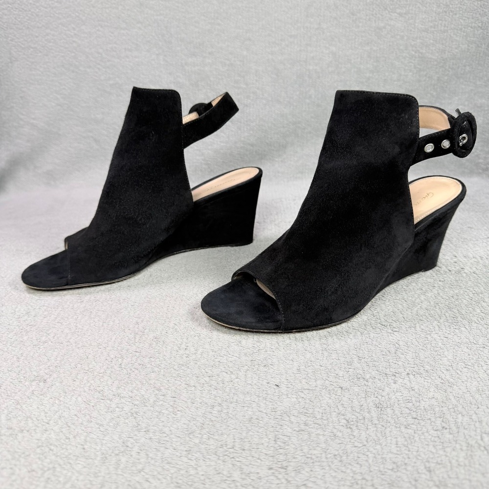 Gianvito Rossi Womens 38.5 Black Suede Peep Toe Wedge Slingback Buckle Sandals